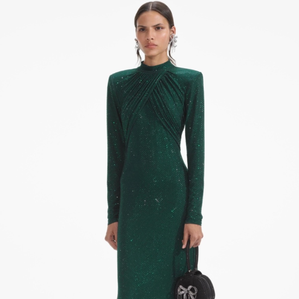 self-portrait Emerald Green Rhinestone Mesh Midi Dress Size US6 - MSRP $700 -NWT - Picture 2 of 9